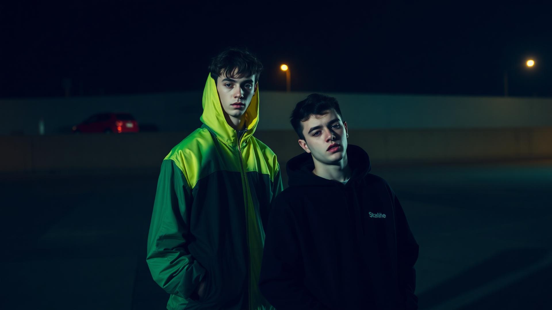 FYFASHION streetwear campaign — models in windbreaker en hoodie